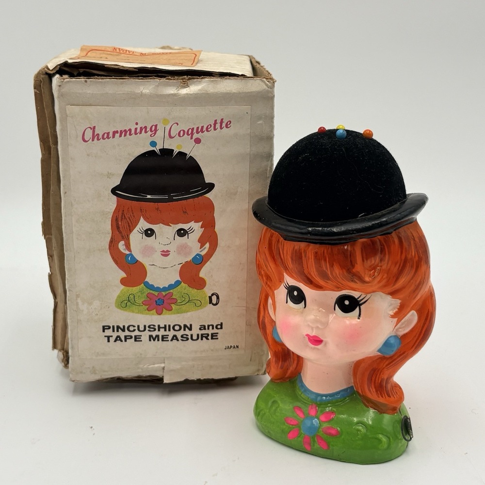 Vintage Japan Charming Coquette Girl Pincushion Tape Measure Sewing Kitchsy